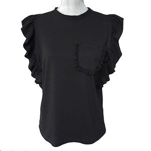 DREW Black Jersey Knit Ruffled Sleeve Crew Neck Pocket Tee S